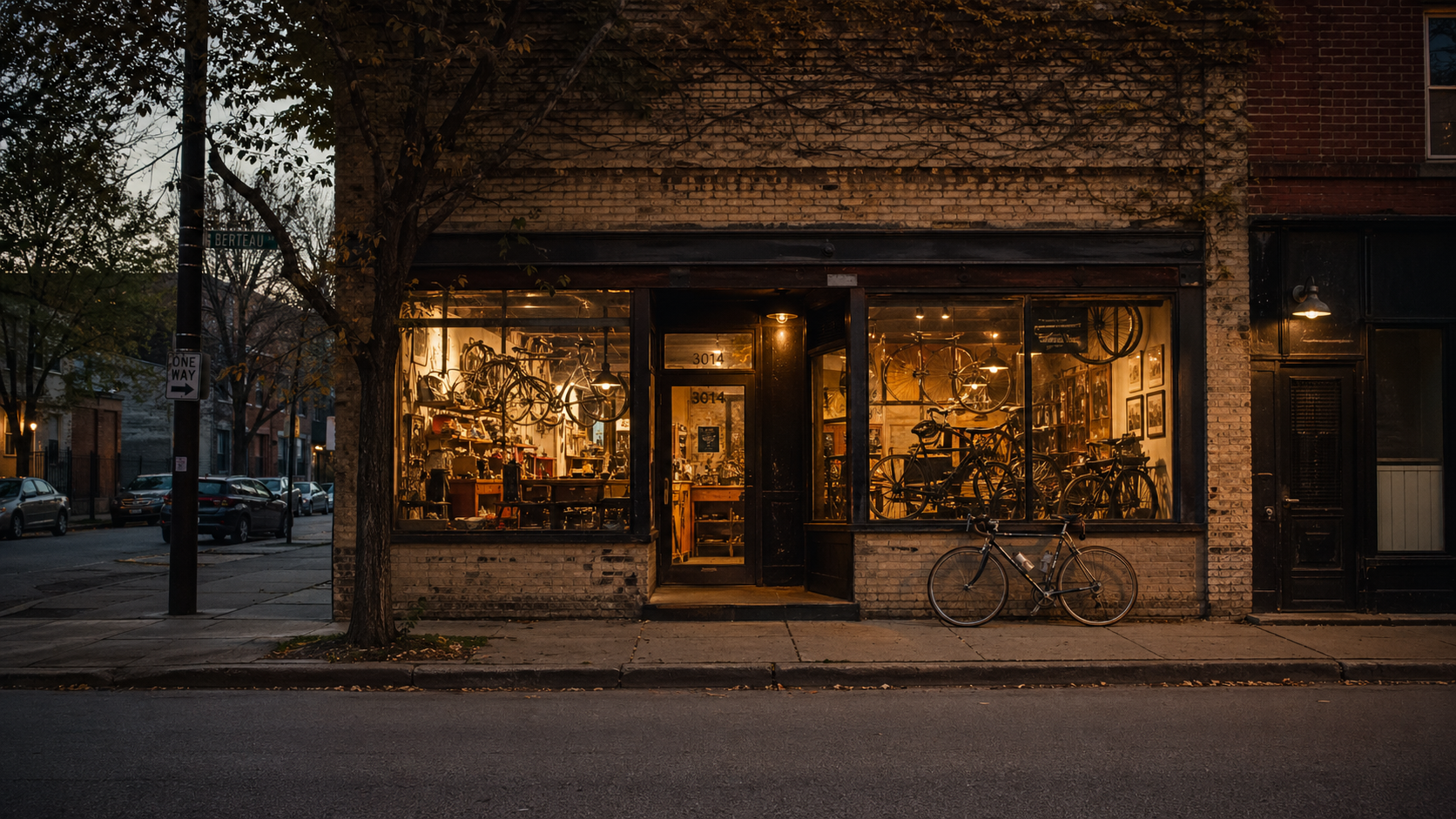 A Chicago bike shop storefront at dusk -- warm interior light, brick facade, bicycle leaning outside